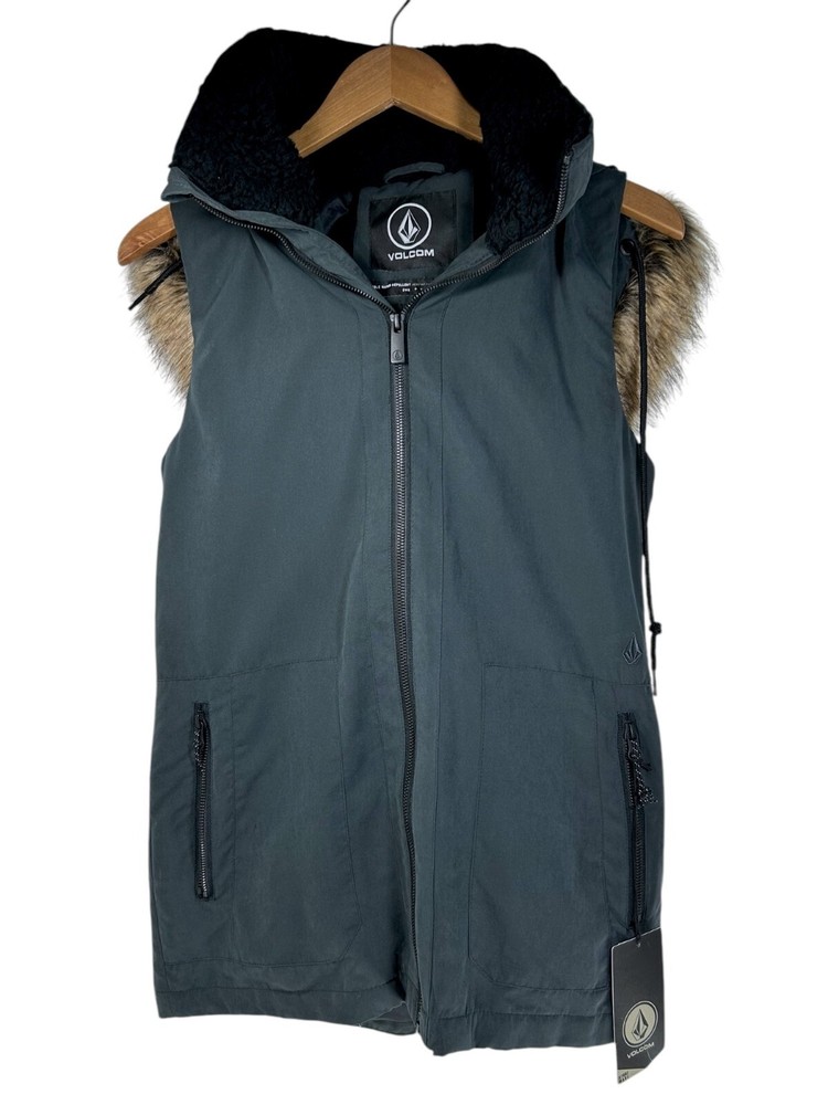 Volcom Puffer Vest Women XS Black Faux Fur Sleeveless Zip Up Jacket Gorpcore