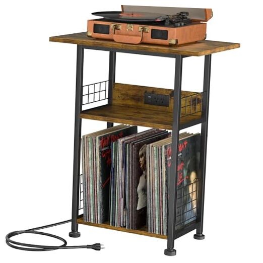 3-Tier Rustic Brown Vinyl Record Stand with Charging Station