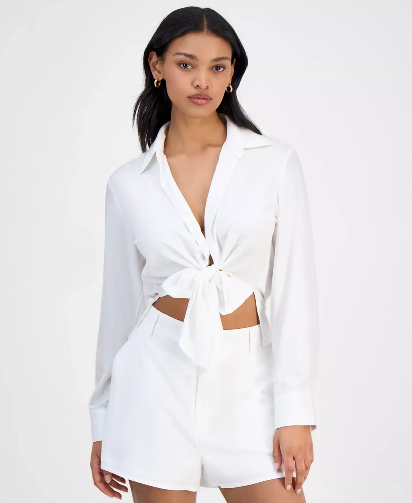 Bar III Women's Top Sz S Collared Tie-Hem Blouse
