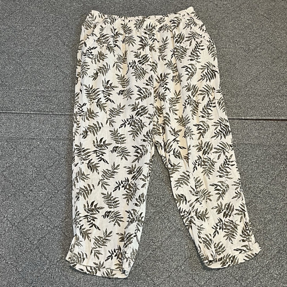 Coral Bay Linen Pants Womens Size Medium White Green Floral Cropped Tropical