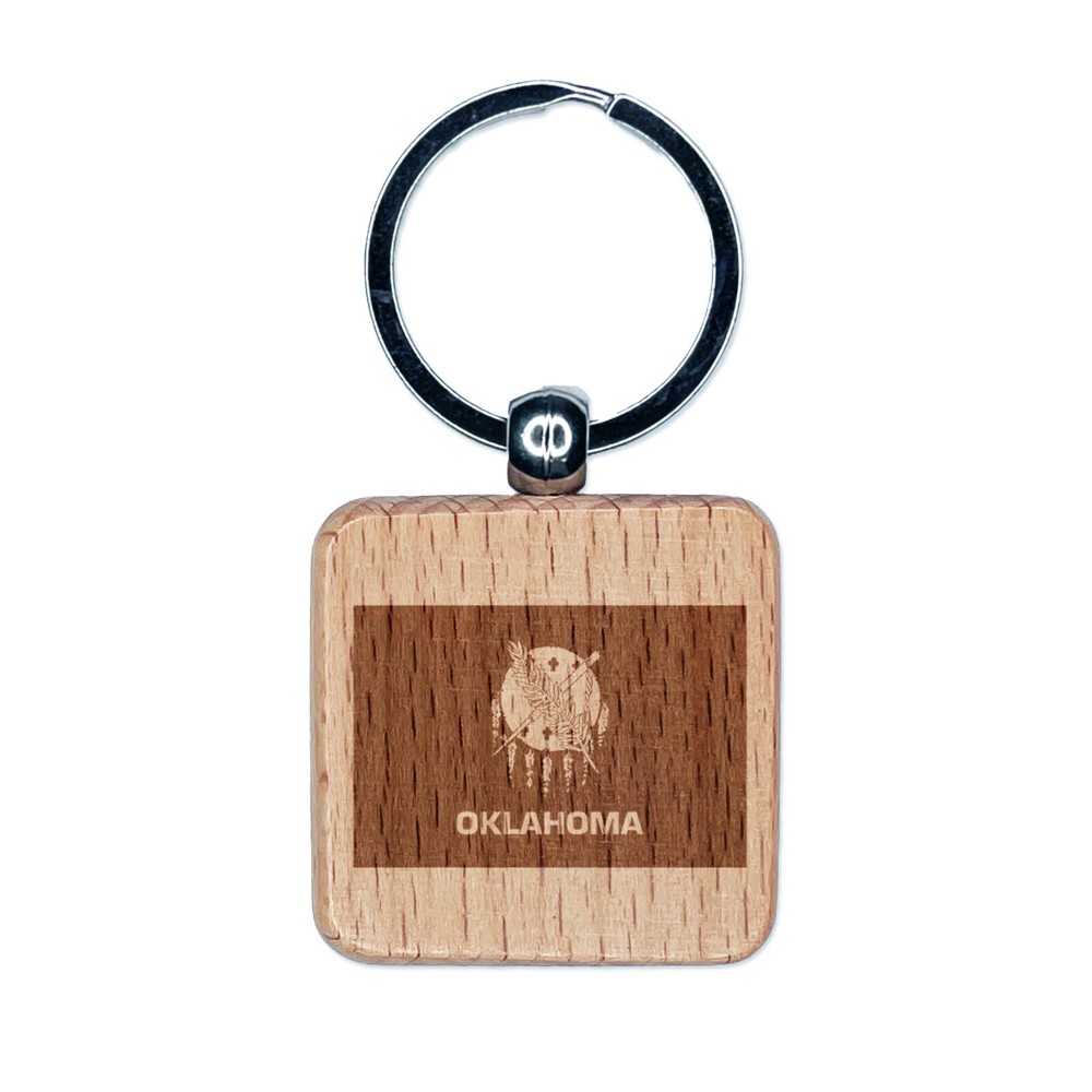 Oklahoma State Flag Engraved Wood Square Keychain Tag Charm