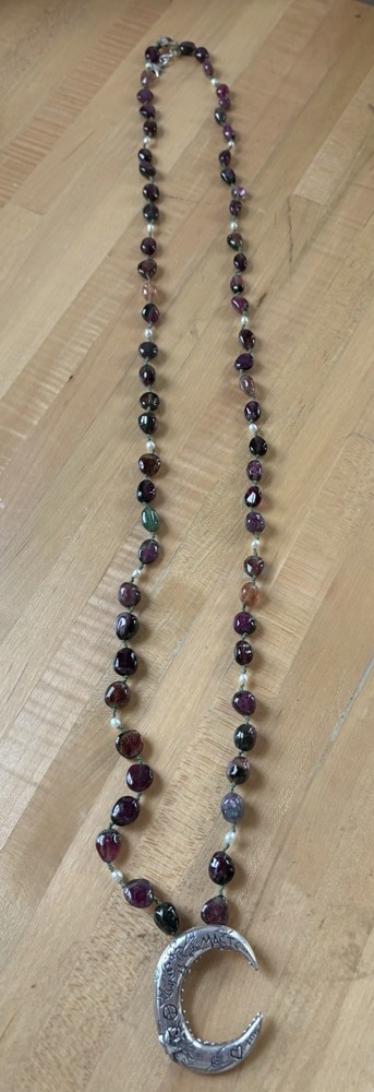 Jes Maharry Silver Necklace With Purple Gemstones With Huge Moon Pendant