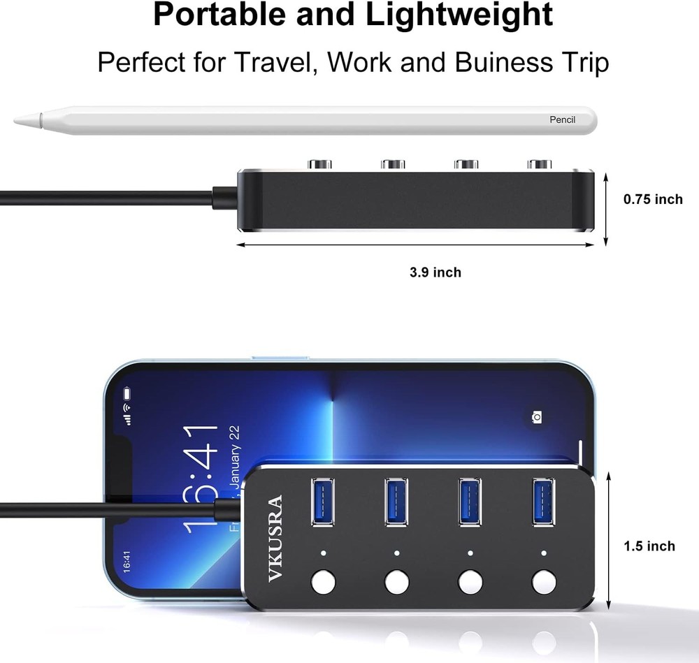 4-Port USB 3.0 Hub with 4ft Cable & LED Indicators