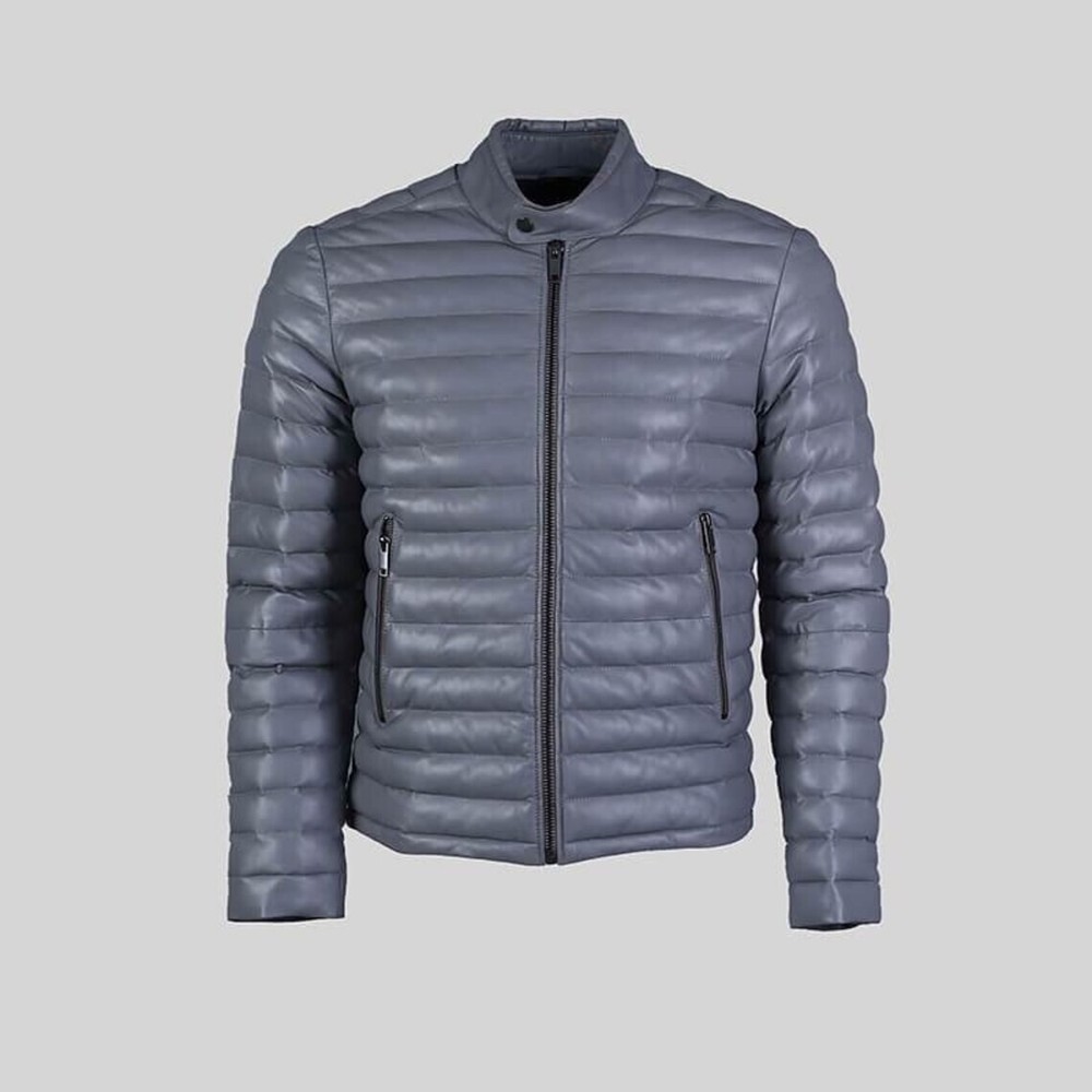 Handmade Gray Quilted Puffer Leather Jacket for Men MPJ3a