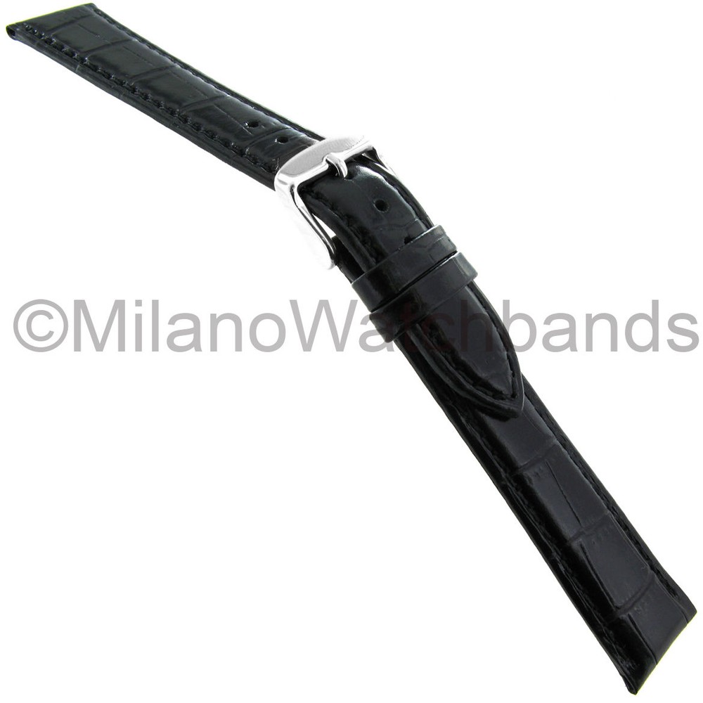 19mm deBeer Black Crocodile Grain Padded Stitched Leather Watch Band for Men
