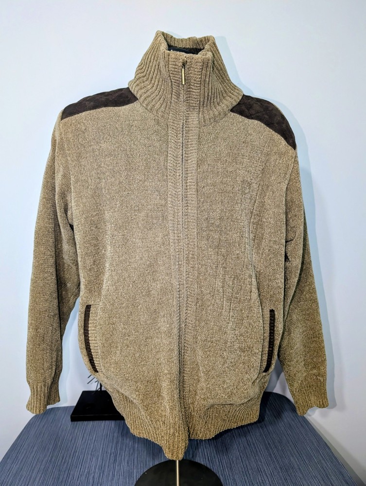Saks Fifth Avenue Men's M Sweater Jacket Tan Mock Neck Full Zip Suede Patch