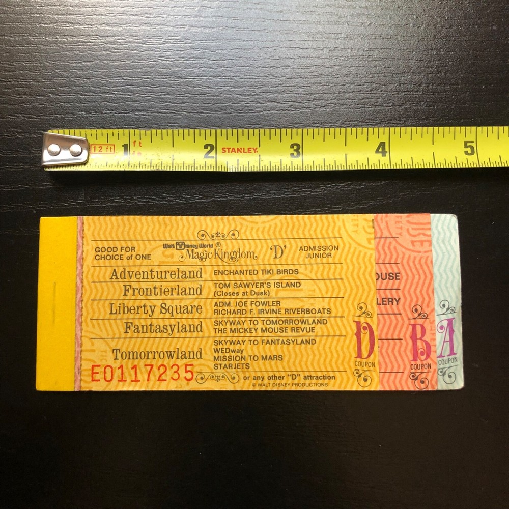 Vintage 1970s Magic Kingdom Paper Ticket Book with A B D Coupons for Junior Admission-image