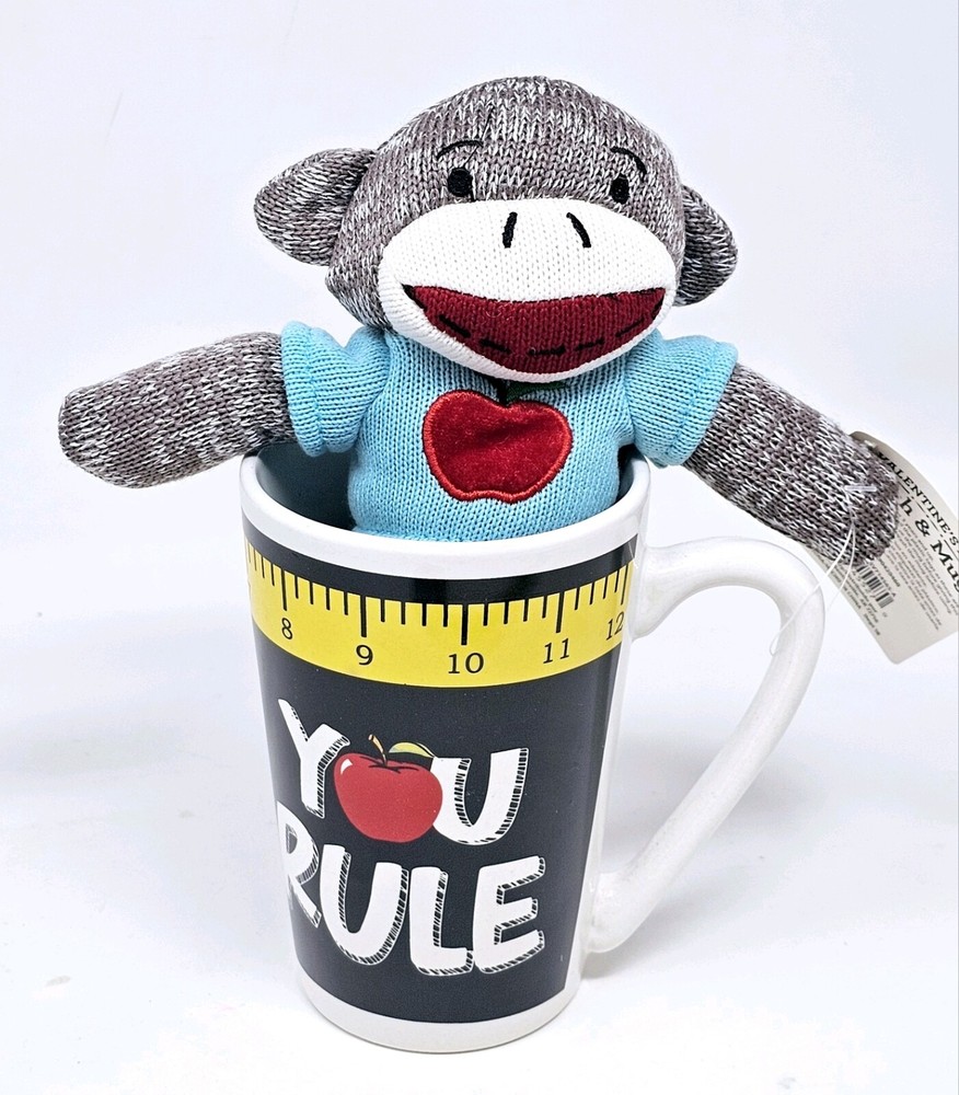 Valentines Sock Monkey Plush & Mug Gift Set with You Rule Design