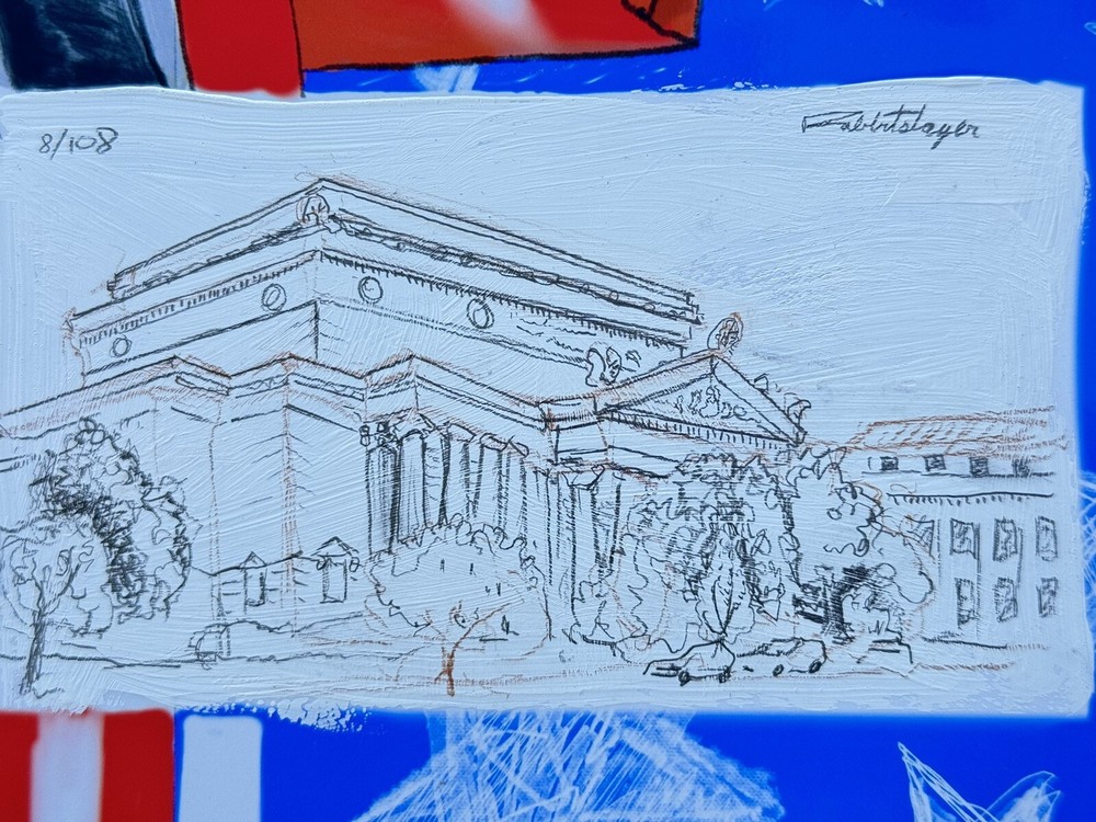 Drawing of The National Archives On A Print Of Trump And Kamala