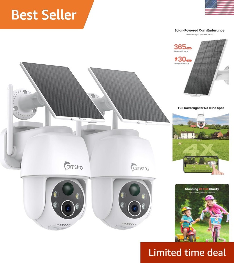 2K Solar Wireless Outdoor Security Camera 2-Pack with 355° Pan 120° Tilt