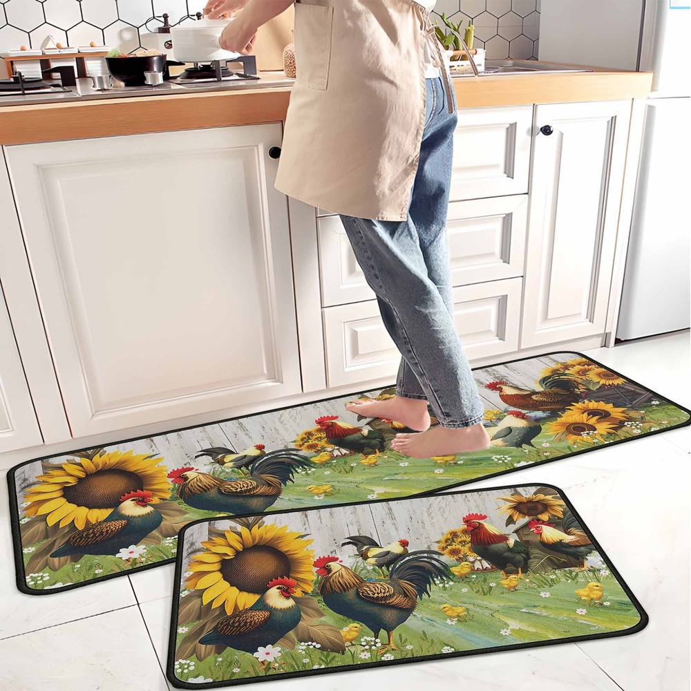 Rooster Themed Non-Skid Kitchen Rugs Washable Absorbent Stain Resistant Durable Mats