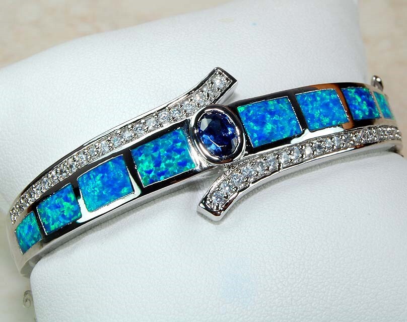 Sapphire & Australian Opal Inlay 925 Sterling Silver Bangle Bracelet ,OB3