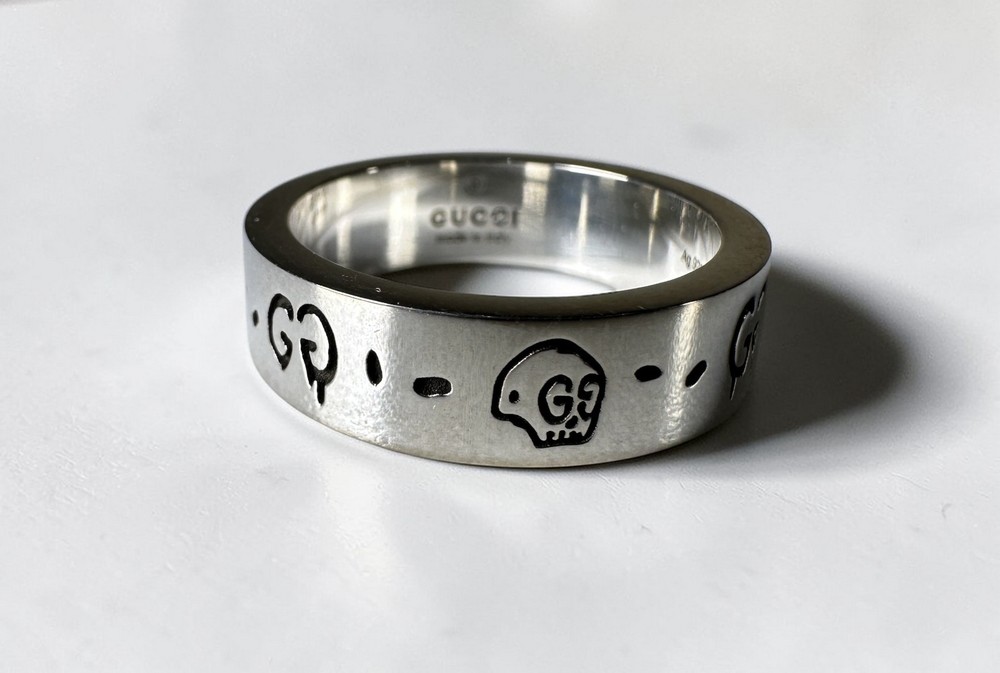 New Gucci Sterling Silver Ghost Ring 6MM Size IT17 US8 Authentic