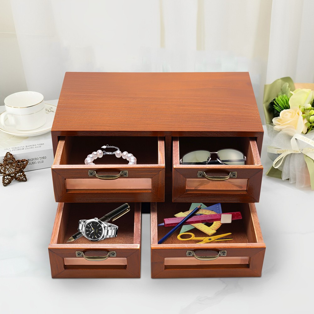 Desk Organizer Wooden Dark Brown Desktop Storage Cabinet Storage Box w/ 4 Drawer