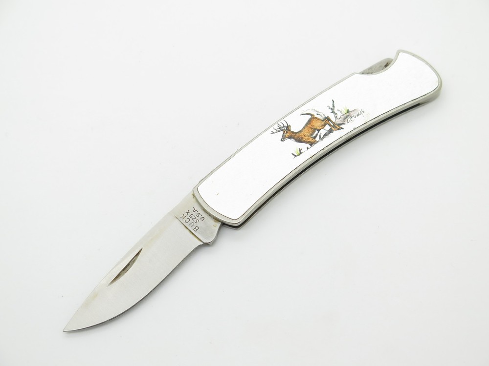 Vtg 1990 Buck 525 Gent Stainess Deer Scene Handle Folding Lockback Pocket Knife