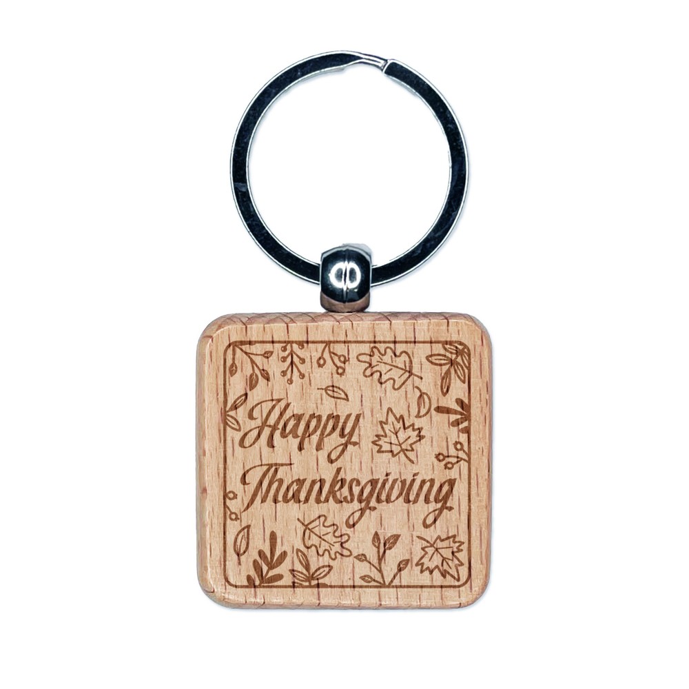 Happy Thanksgiving Wood Keychain with Engraved Fall Leaves