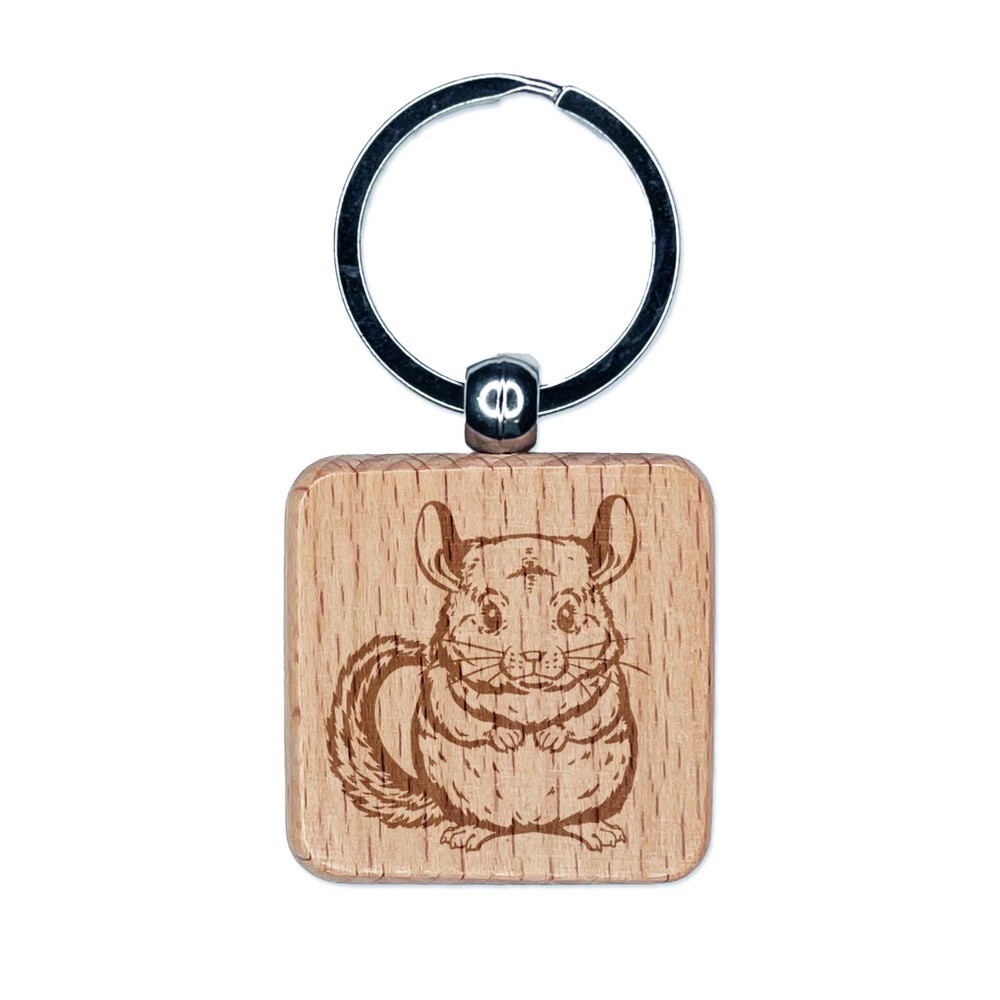 Dije llavero cuadrado de madera grabada de chinchilla abrazable y esponjosa etiqueta
