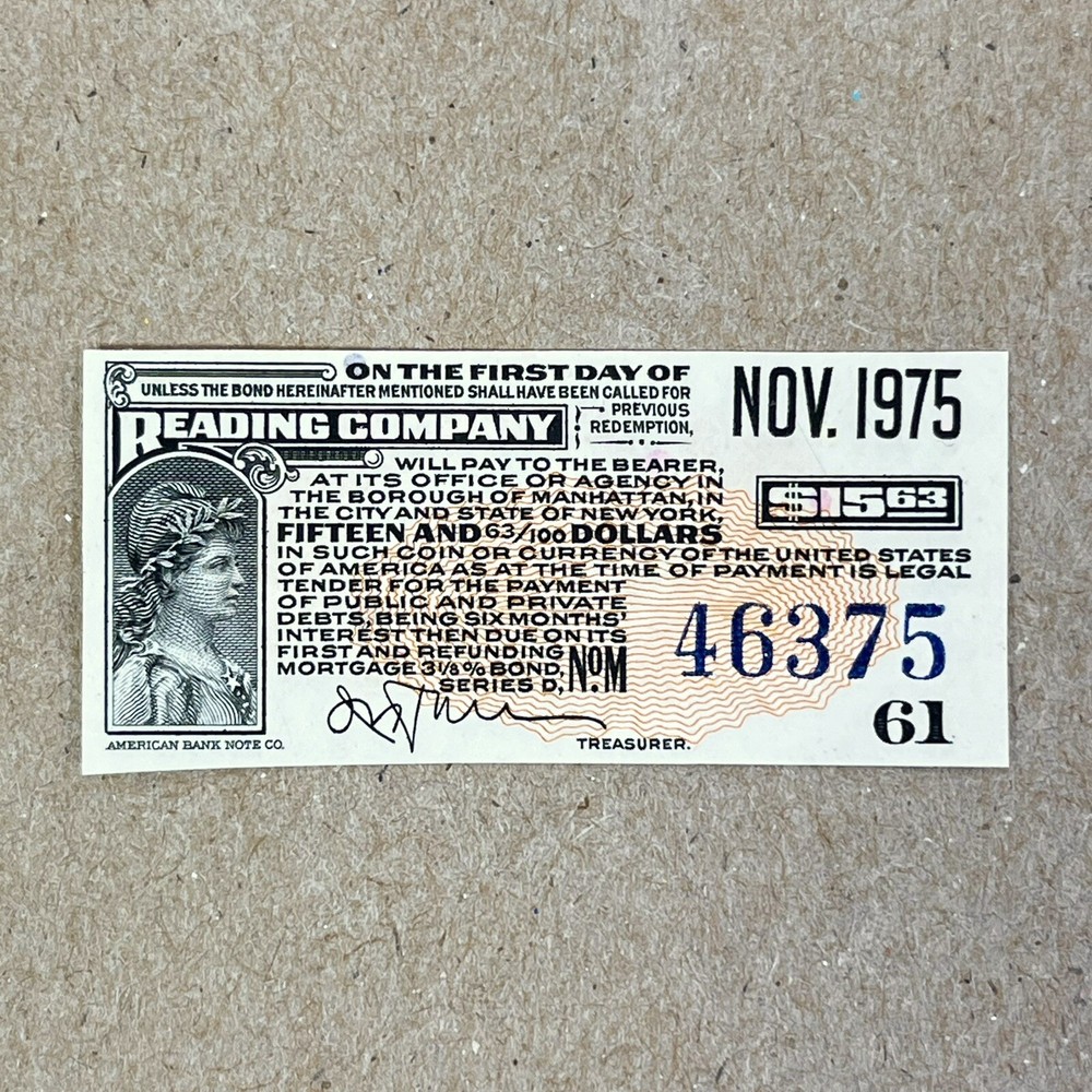 1975 Reading Company Lines RAILROAD Stock Bond Coupon - American Bank Note Co-image