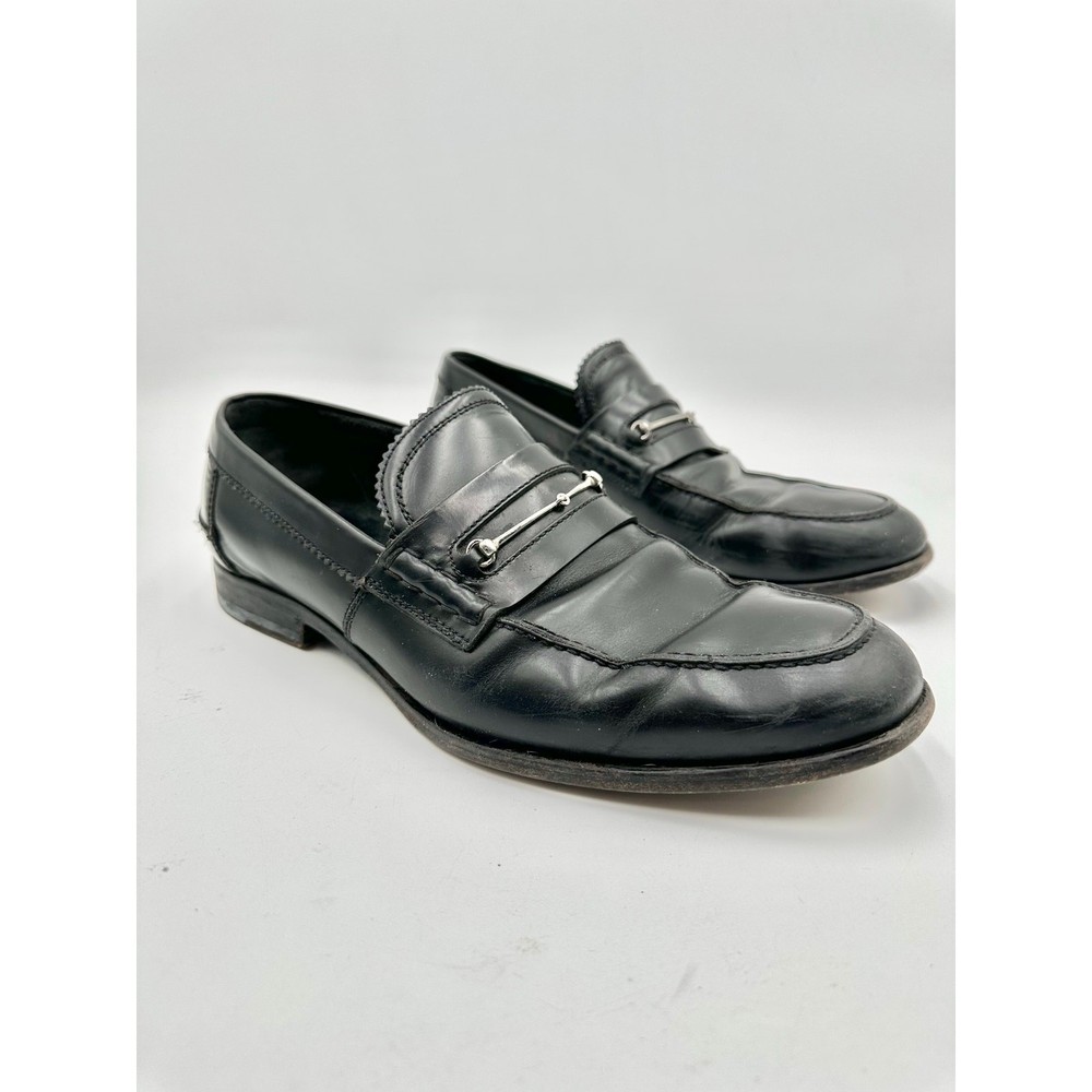 Gucci Mens Black Leather Horsebit Loafers Slip On Size 10