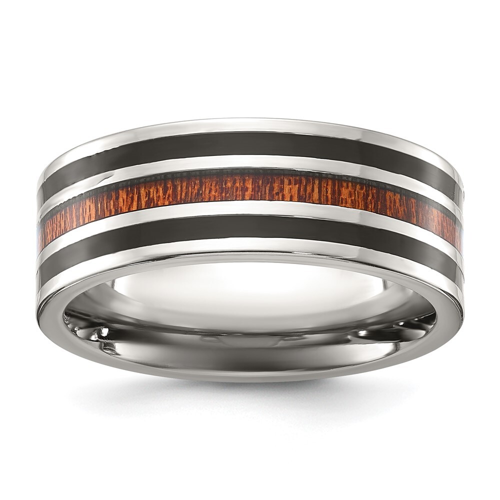 Titanium Polished with Black Resin and Wood Inlay 8mm Band Ring Size 8