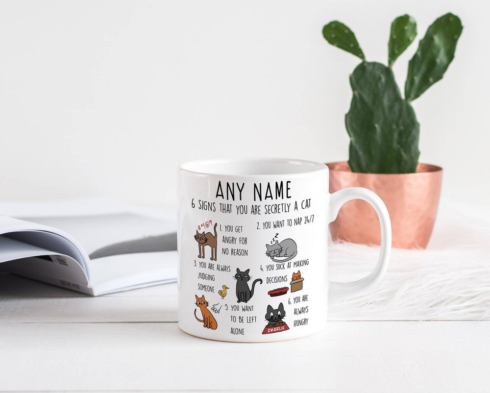 Taza de café personalizada 6 signos de que eres un gato nombre personalizado divertido té caliente