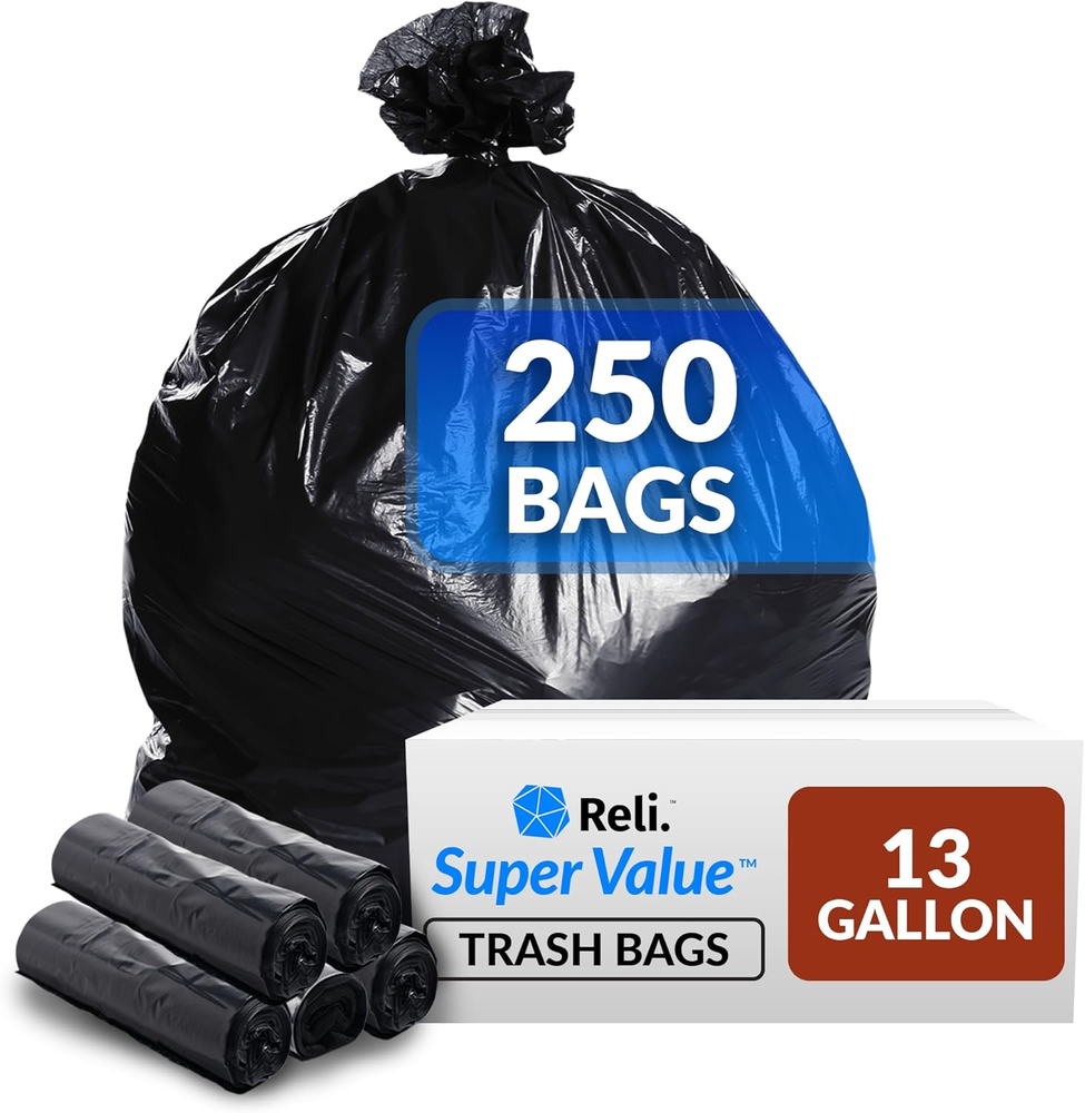 13 Gallon Trash Bags | 250 Bags | Black Trash Bags 12-13 Gallon | Kitchen Garbag