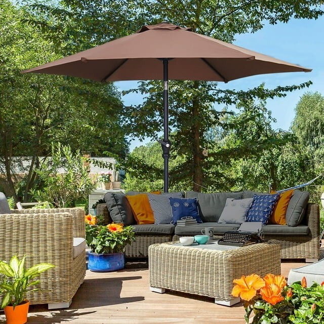 7.5FT Patio Umbrella with Push Button Tilt and Crank by Autlaycil in Coffee