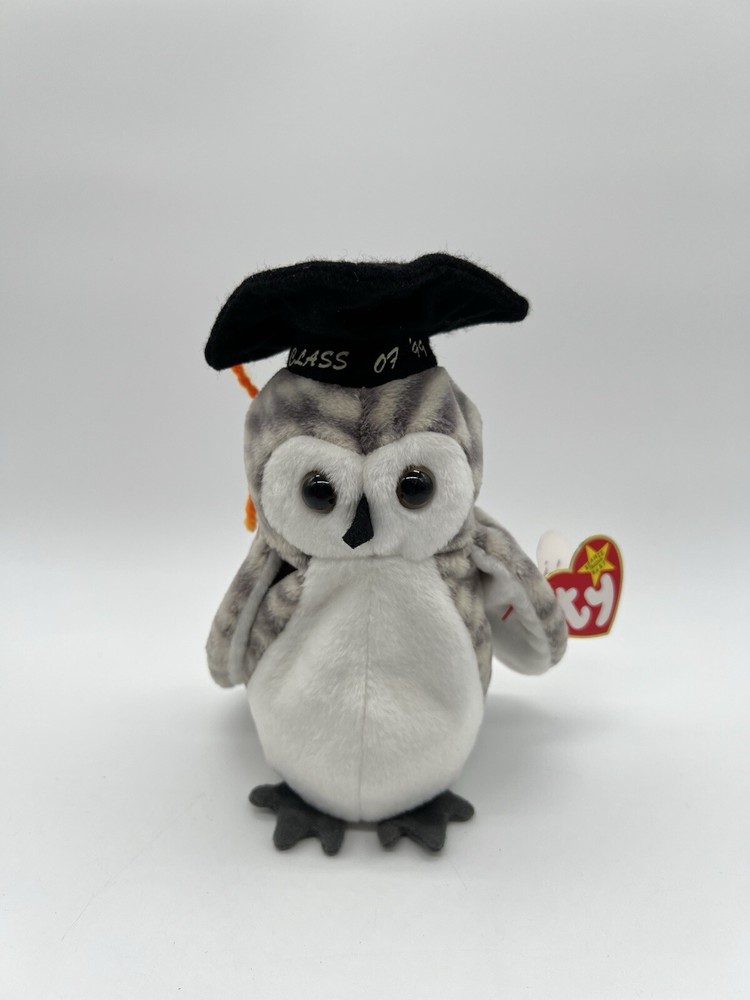 TY Beanie Baby Wiser The Snow Owl Graduate 1999 with Cap
