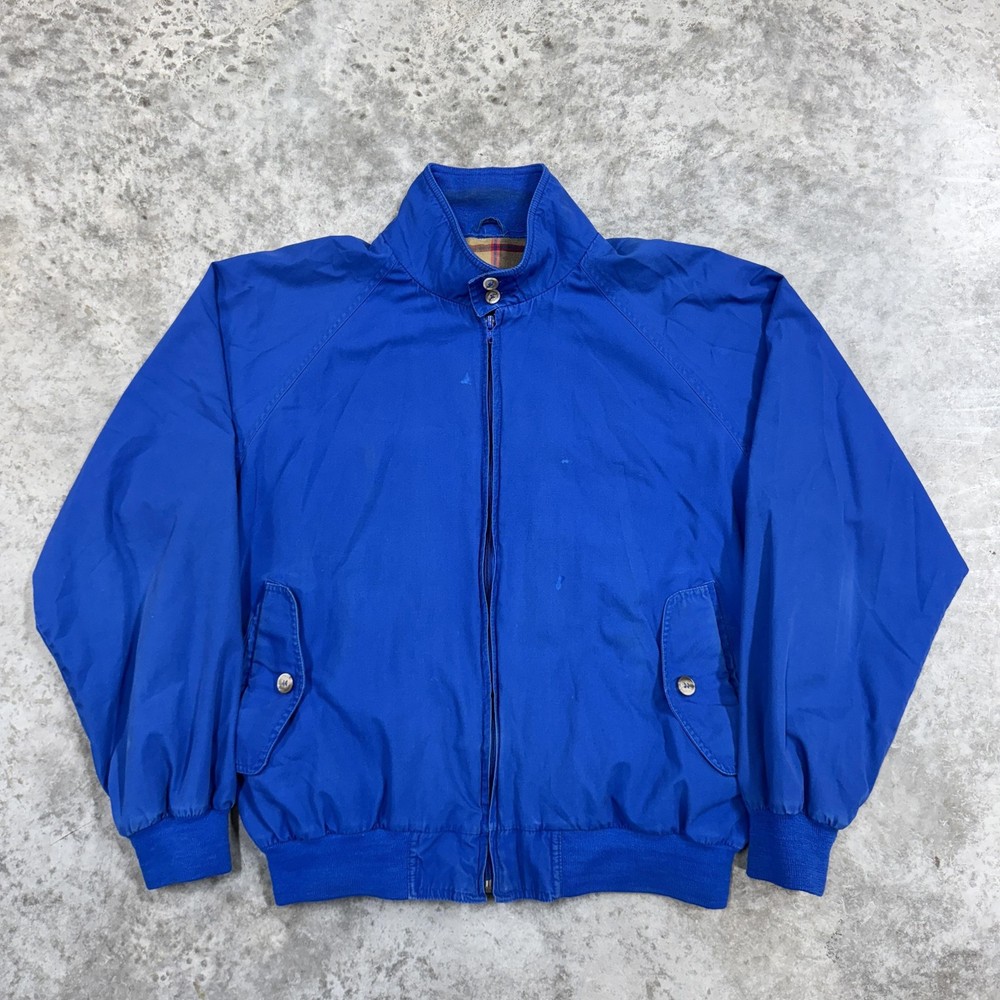 Harrington Bomber Jacket Mens Blue Plaid Lined Zip Snap Pockets 80s Sears cotton