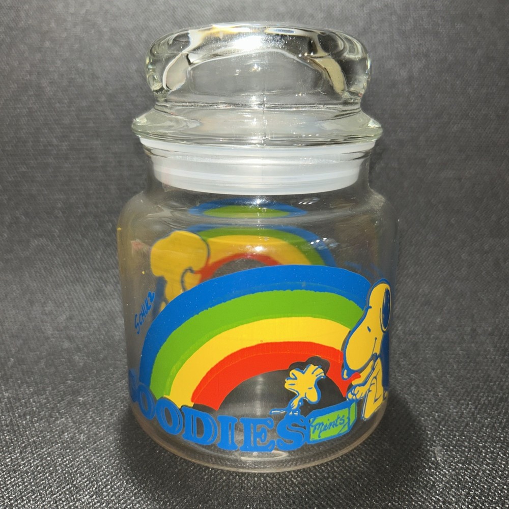 Vintage 1965 Peanuts Snoopy Woodstock Goodies Rainbow Glass Candy Jar with Lid
