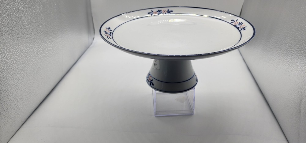 White porcelain petite blue floral cake stand 10.5 inches pedestal
