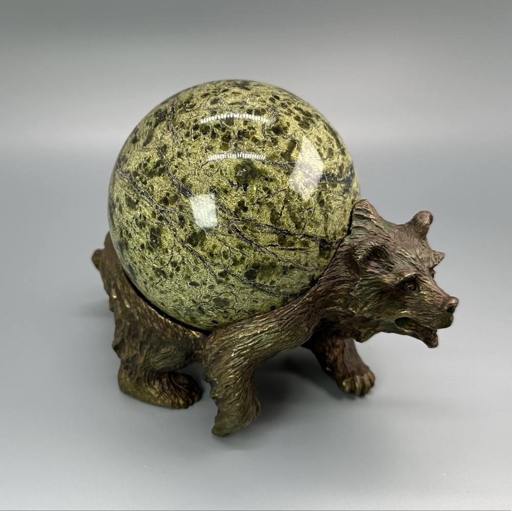 Vintage Bronze & Onyx Stone Sculpture of a Grizzly Bear / Animal Statue Figurine