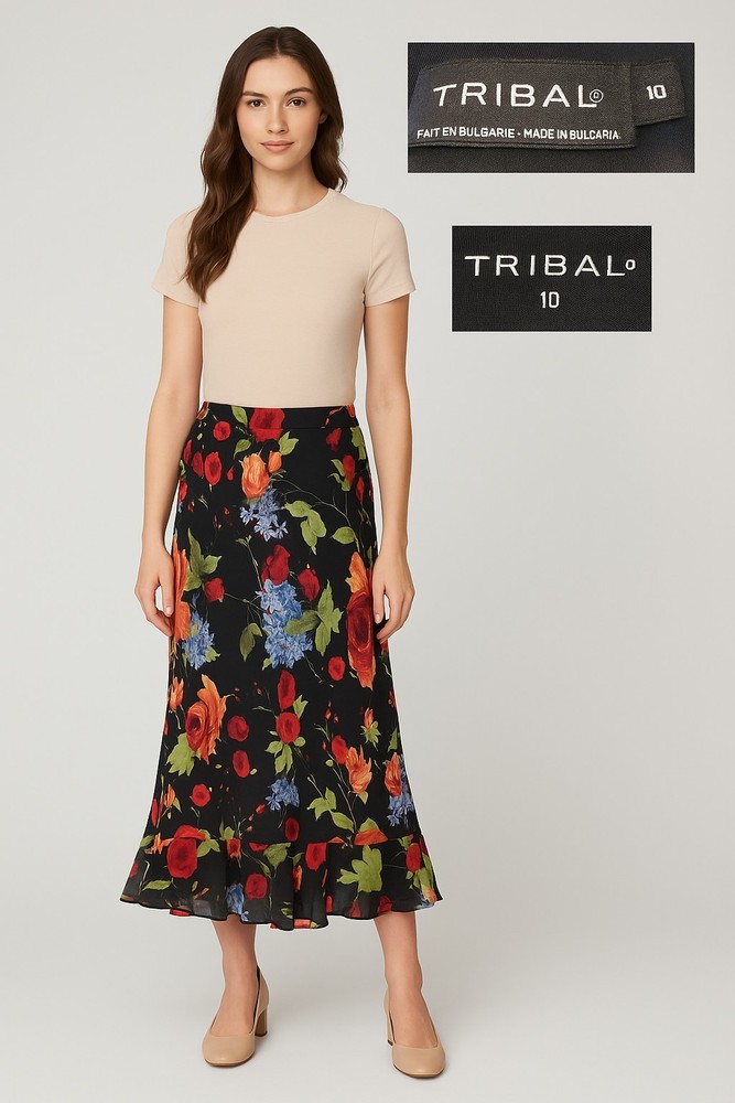 Tribal Women’s Size 10 Floral Midi Skirt Black Multicolor Roses Ruffle Hem Boho