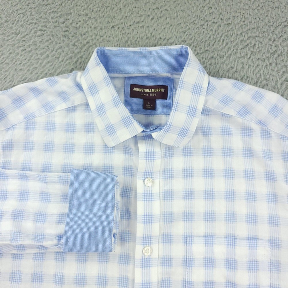 Johnston & Murphy Dress Shirt Mens Large Blue Check 100% Cotton Long Sleeve