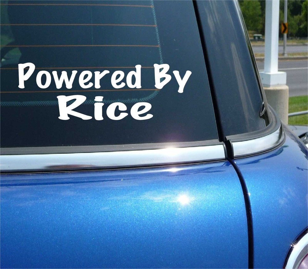 POWERED BY RICE DECAL STICKER FUNNY JAPAN JAPANESE CAR JDM TUNER TRUCK FUEL