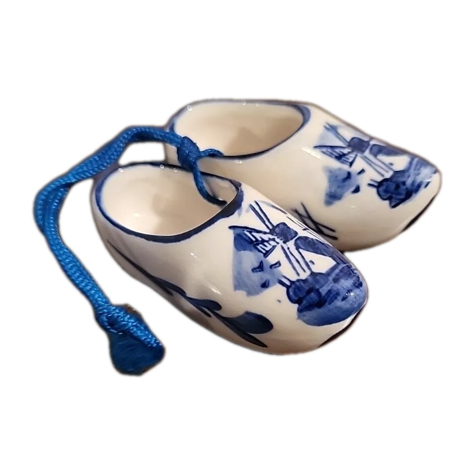 Delft Blue Porcelain Dutch Clogs Windmill Ornament  2” Holland