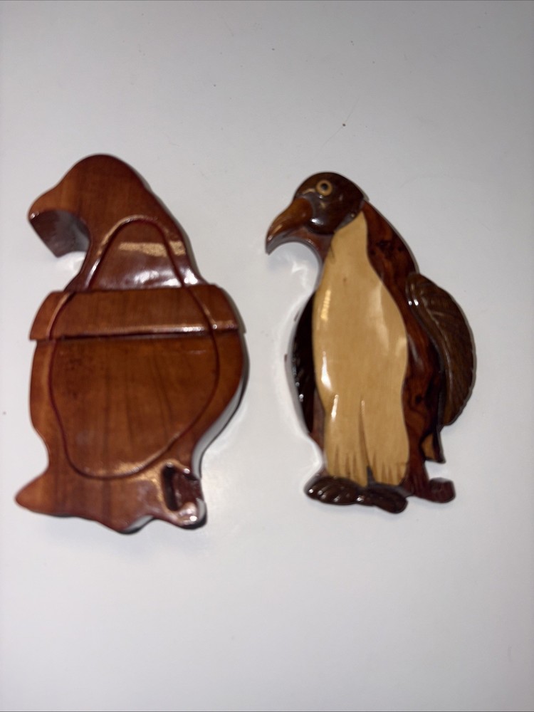 VTG Penguin Puzzle Box Hand Crafted Jewelry Trinket Wood Hidden Compartment