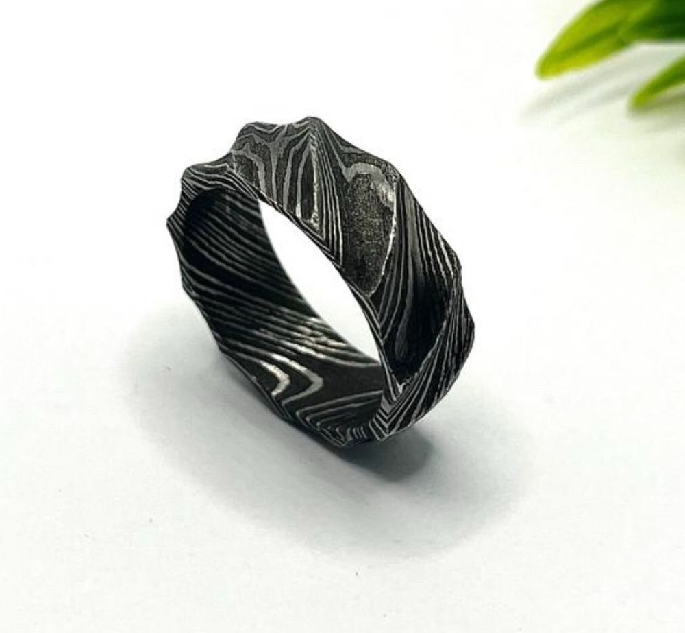 Handmade Damascus Steel Domed Ring - Men’s Wedding Band, Simple & Aesthetic Gift