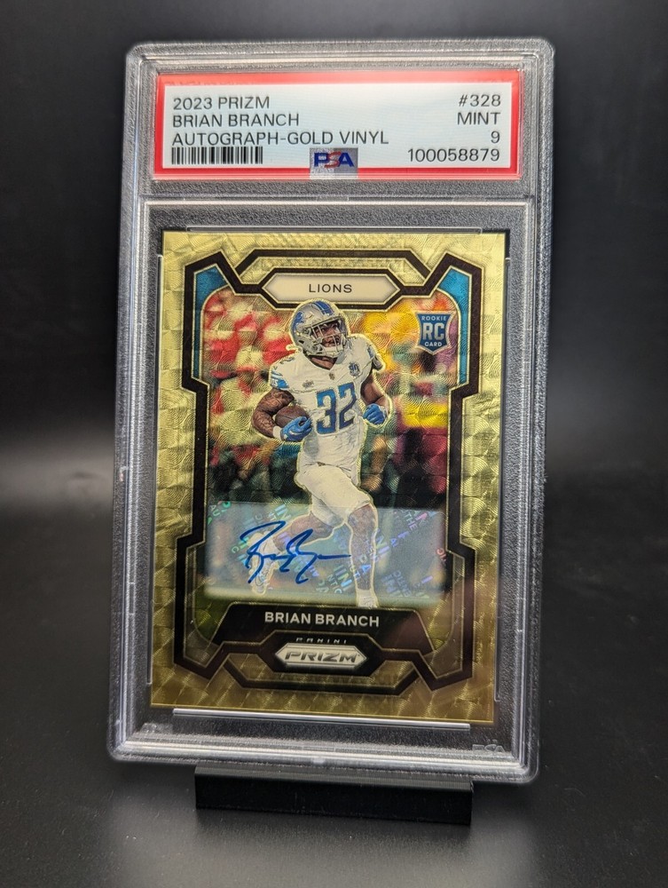 2023 Panini Prizm #328 Brian Branch Gold Vinyl Auto 4/5 Detroit Lions RC PSA 9