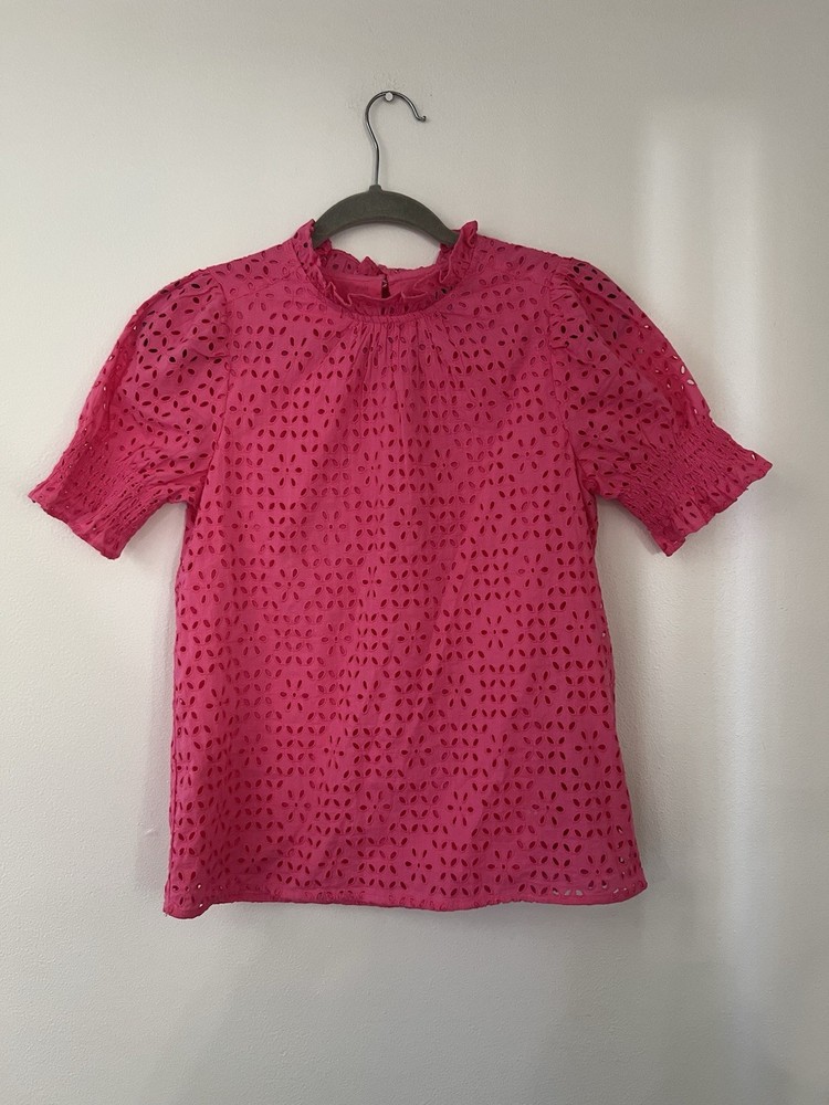 J.CREW Hot Pink Eyelet Smocked Short Sleeve Blouse Size xxs Ruffle 100% Cotton
