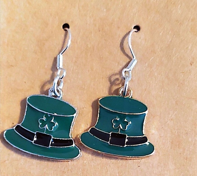 St Patric's Leprechaun Hat Shamrock Dangling Enamel Earrings Sterling Hooks