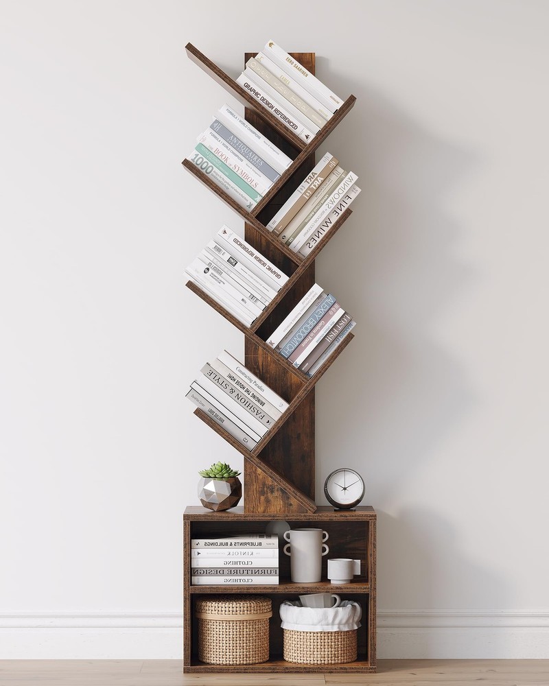 6 Tier Tree Bookshelf with Storage Cabinet, Modern Tall Narrow Bookcase for Small Spaces