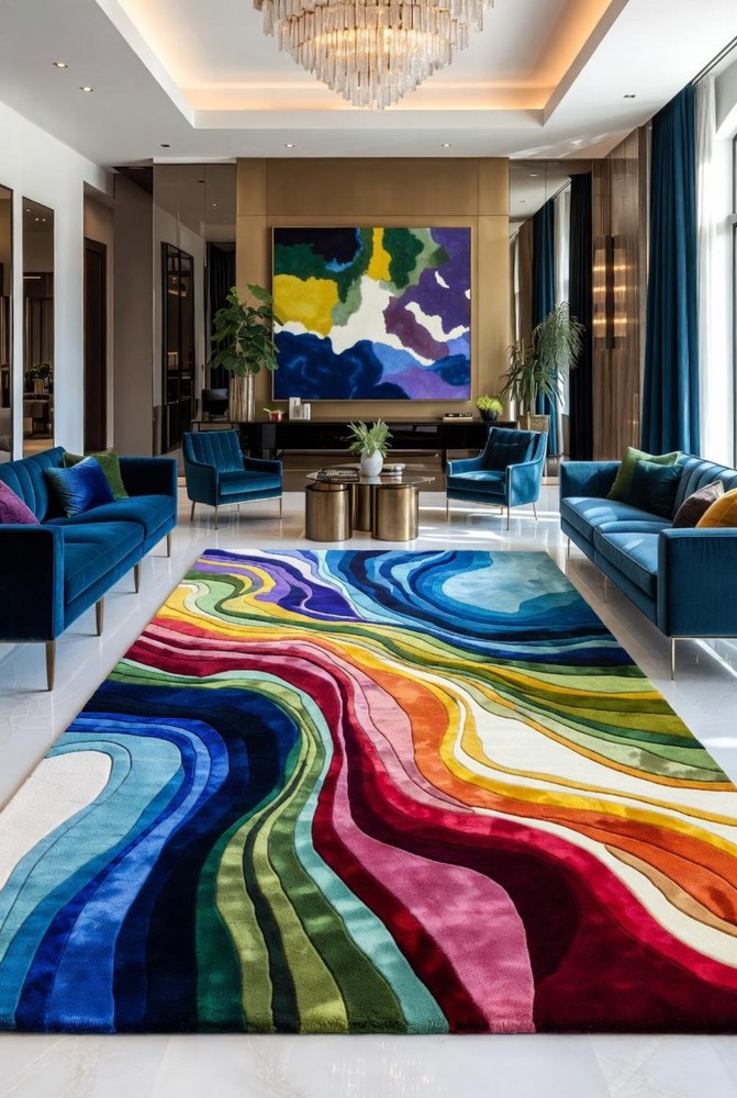 Hand-Tufted Silk Rug | Multicolor Wave Art, Modern Decor