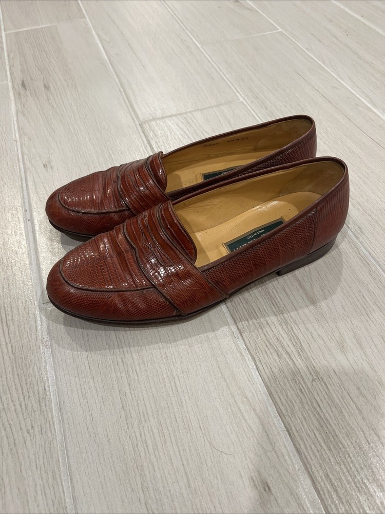 Vintage Cole Haan Brown Lizard Embossed Leather Penny Loafers Size 8.5 Mens