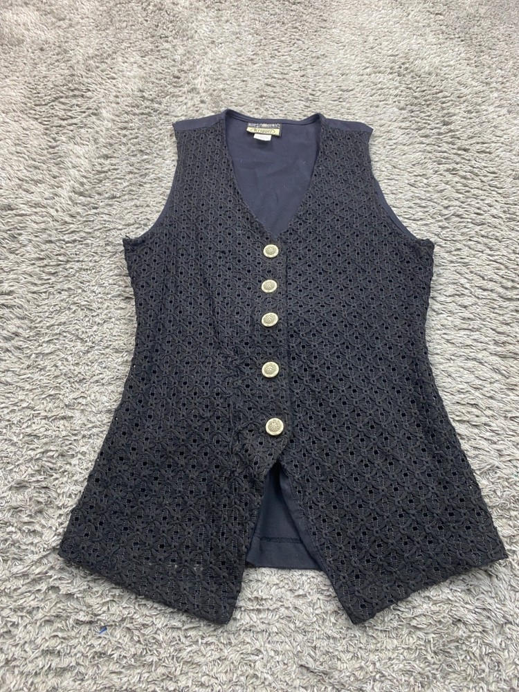 Vtg Wrapper Vest Women Medium Black Crochet Open Knit Western Rockabilly Cowgirl
