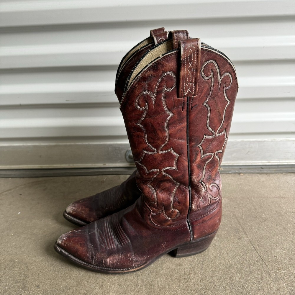 Vintage Dan Post Cowboy Boots Burgundy Pull On Distressed Western 8729 8.5 D