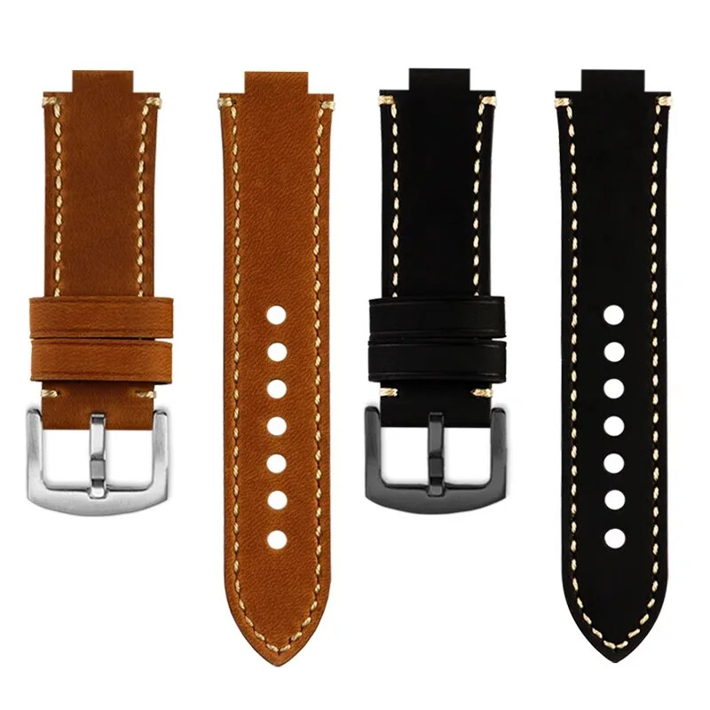 Leather Watch Strap for Oris Aquis 7330 7740 24x12mm Black Blue Convex Wristband