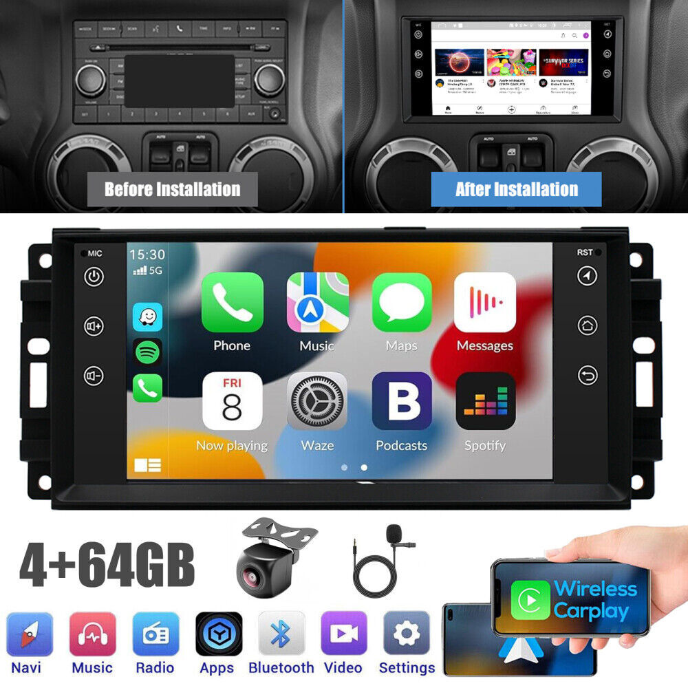 Jeep Wrangler Dodge Chrysler Apple CarPlay Android 13 Car Stereo GPS Radio