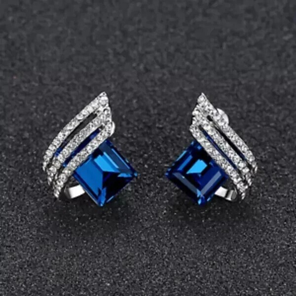 2Ct Emerald Cut Simulated Sapphire Unique Stud Earrings 14k White  Gold Plated