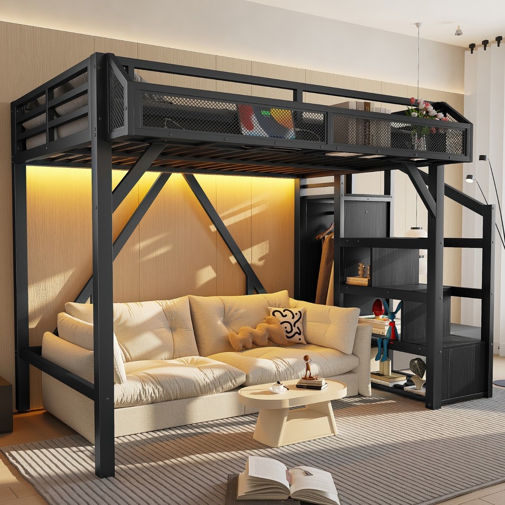 Twin Size Loft Bed w/Storage Stairs,Shelves & Built-in Wardrobe, Metal Loft Bed